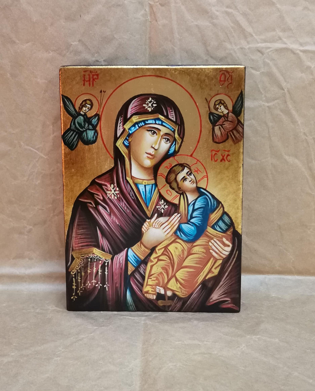 Icona Sacra Madonna con Bambino 10x14 cm – Dipinta a Mano, Foglia Oro