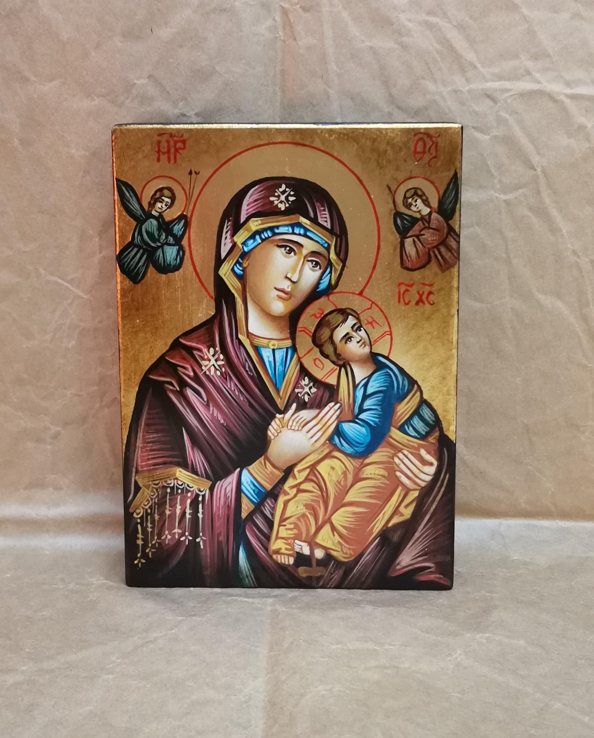 Icona Sacra Madonna con Bambino 10x14 cm – Dipinta a Mano, Foglia Oro