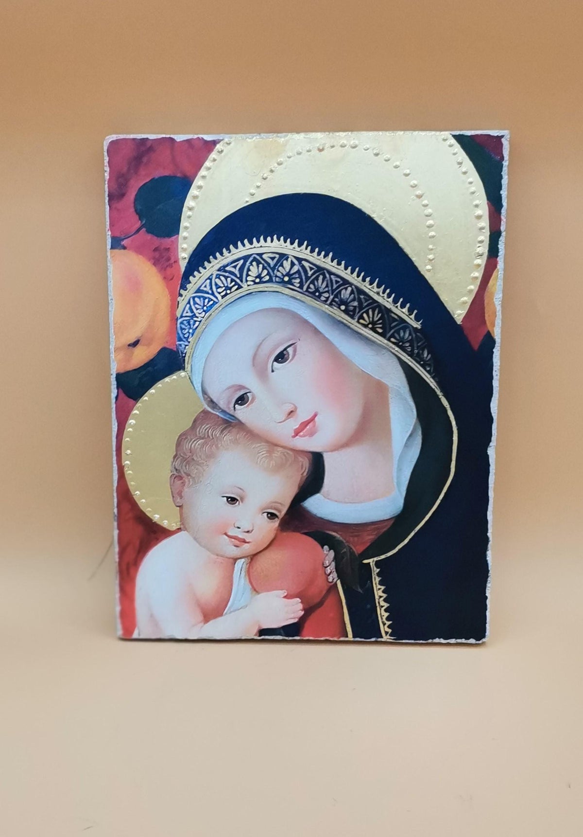 Madonna con Bambino – Affresco Bottega Tifernate 24x18 cm, Foglia Oro 18 kt
