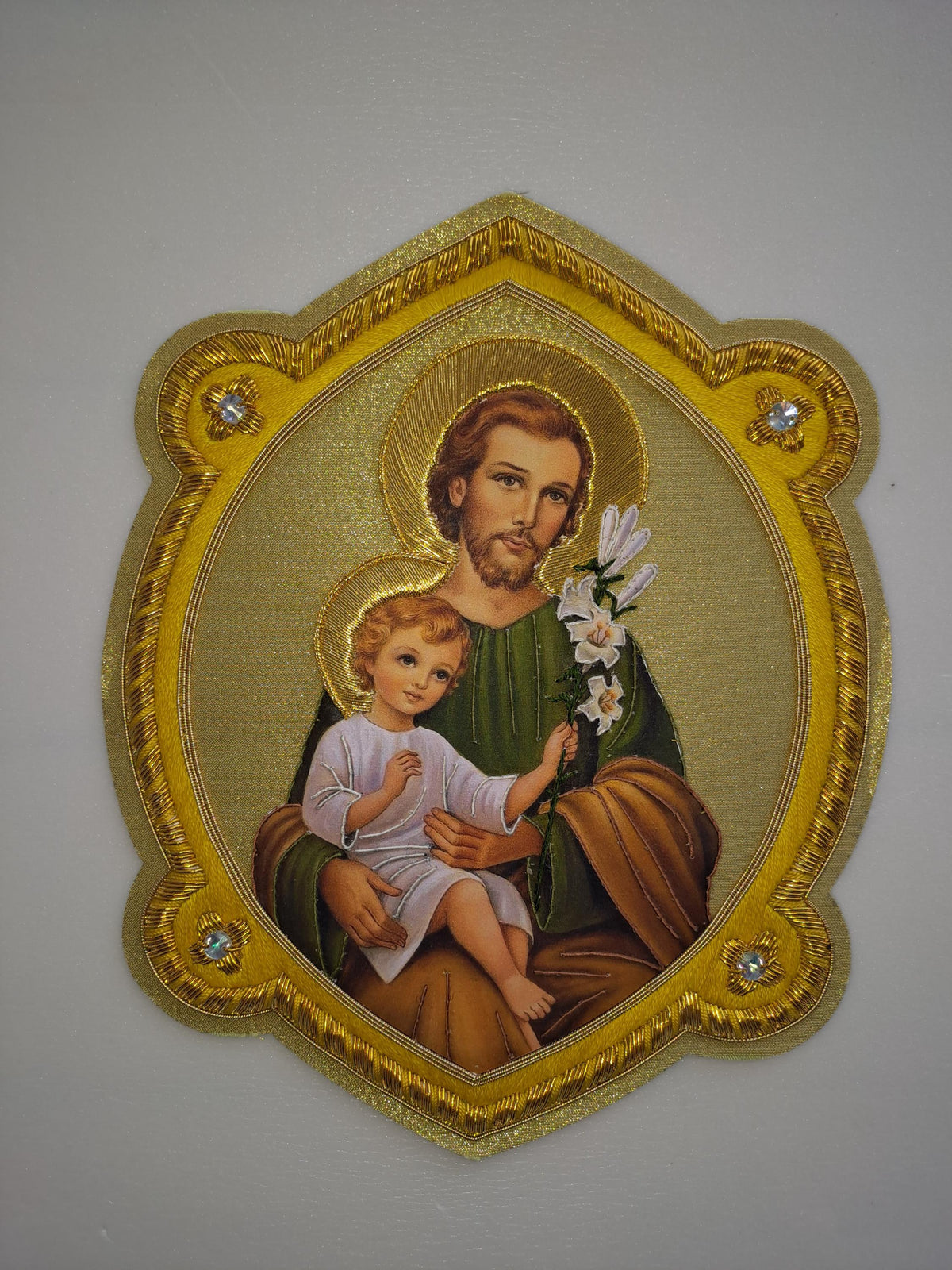 Icona San Giuseppe e Gesù Bambino e il giglio ricamata a mano con filo oro