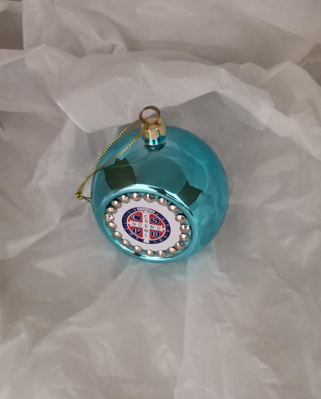 Pallina di Natale Blu Tiffany con Medaglia di San Benedetto