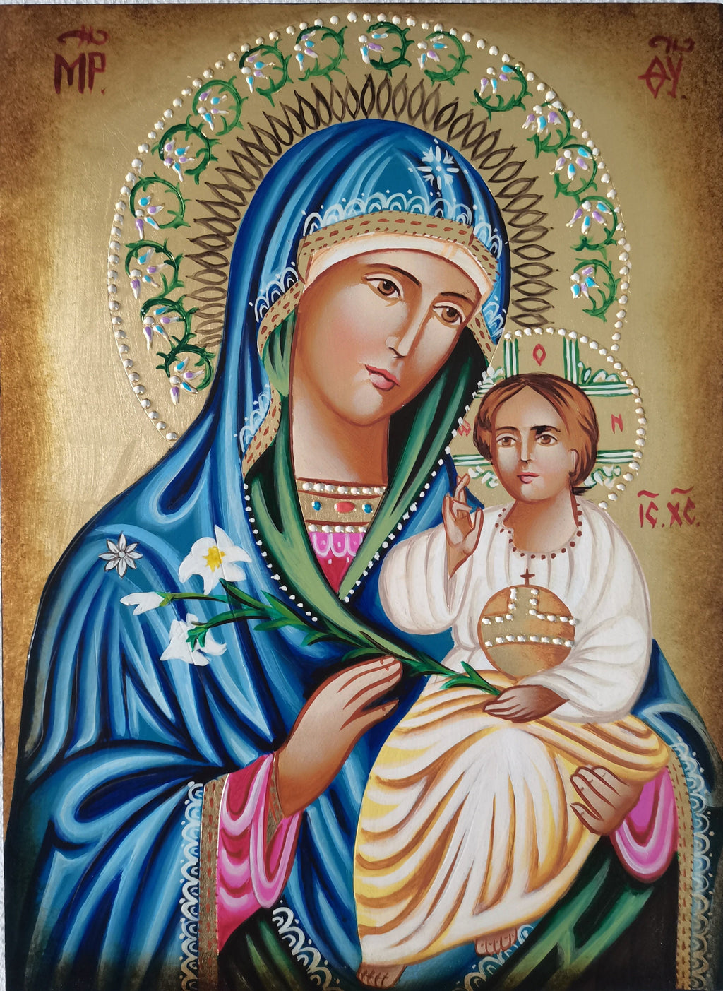Icône sacrée Madone au lys avec l'Enfant Jésus 22x30 cm – Peinte à la main
