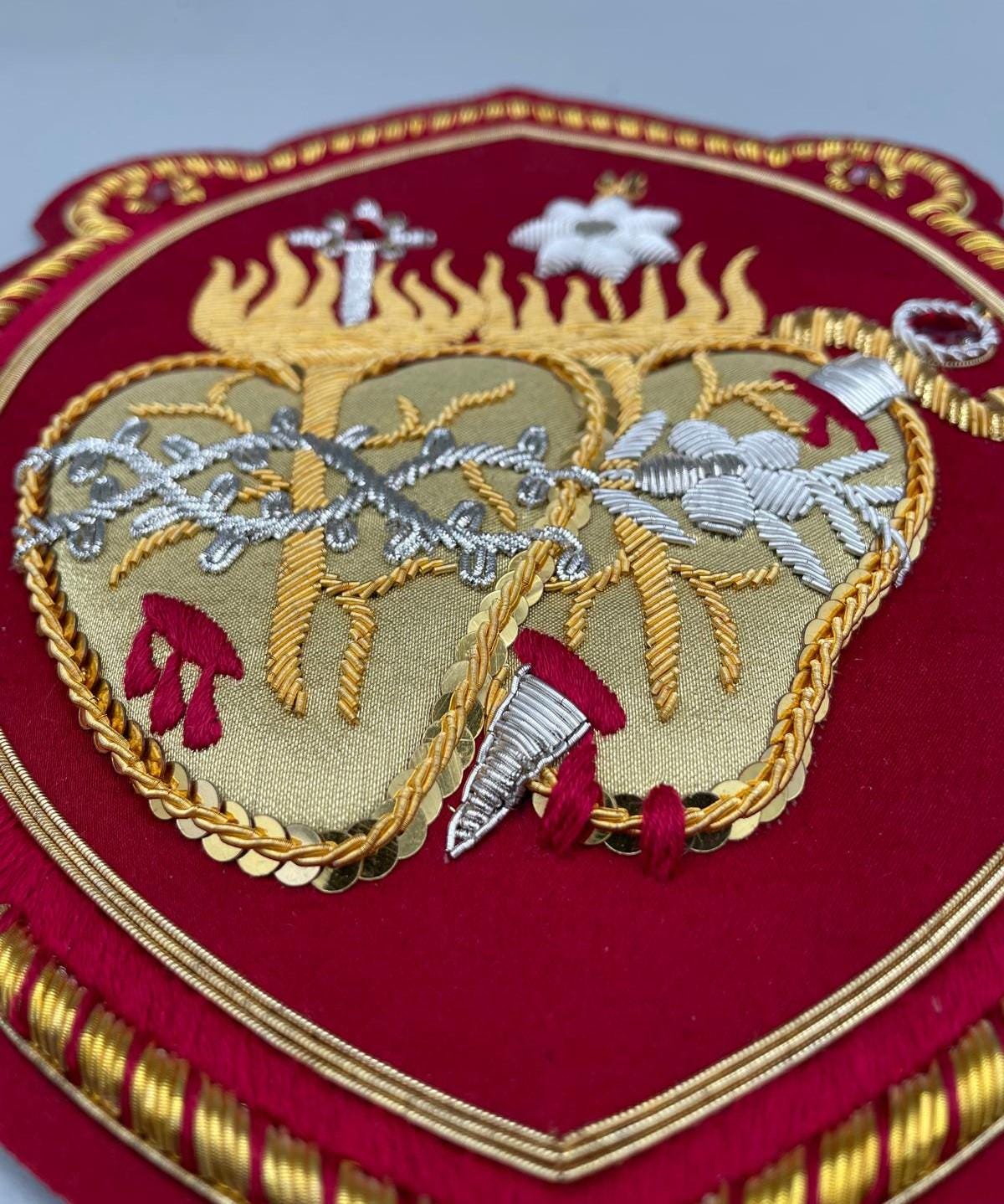 Icona Sacro Cuore di Gesù e Sacro Cuore di Maria Ricamata in Filo Oro 18x18 cm