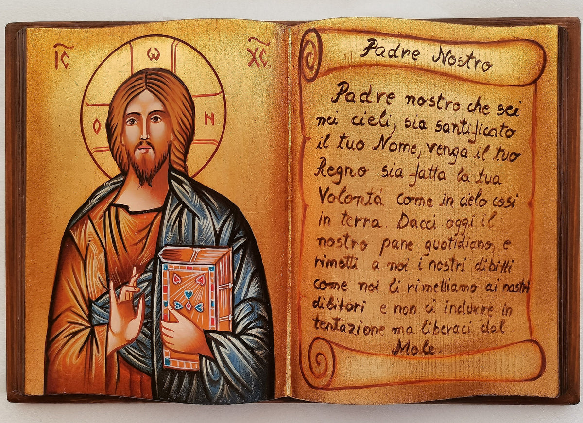 Icona a Forma di Libro Gesù Pantocratore con Padre Nostro 20x30 cm