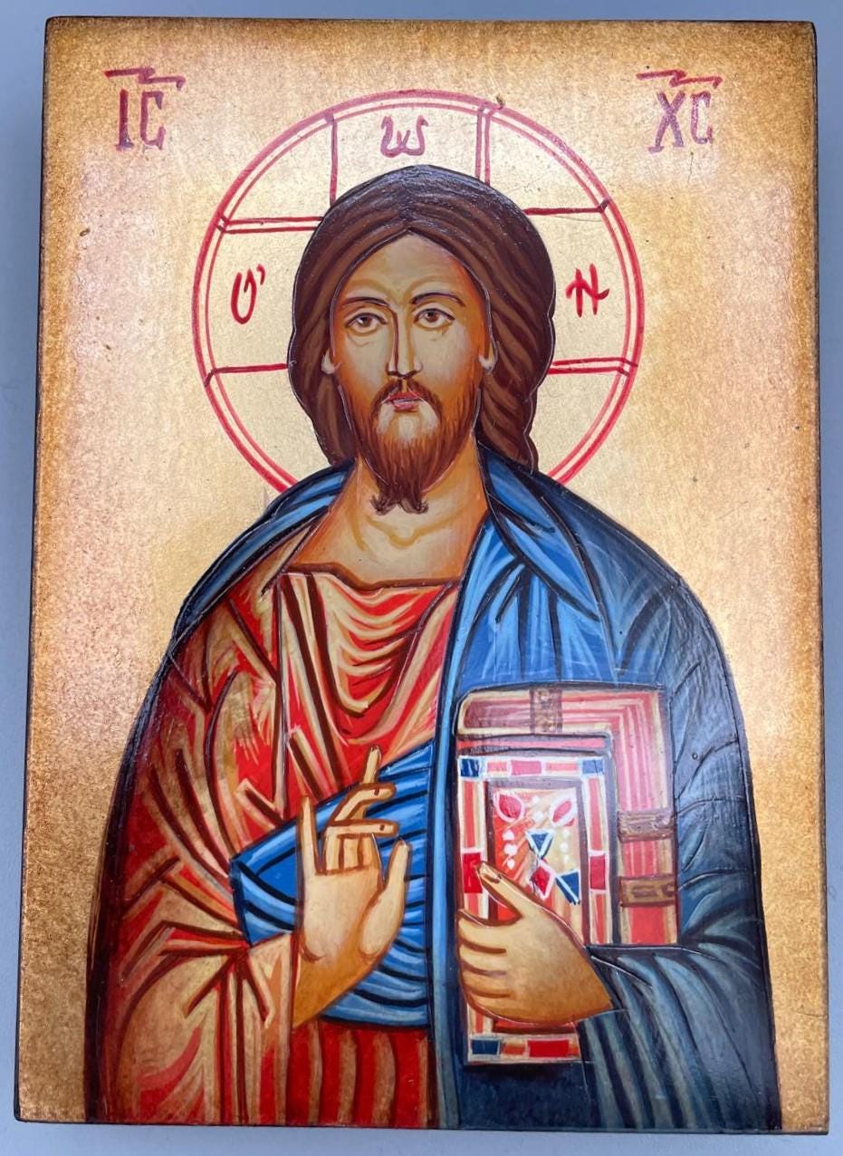 Heiligenikone Jesus Pantokrator mit Buch 10x14 cm – Handgemalt