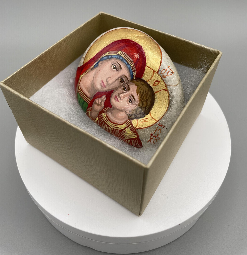 Icon of Madonna and Child on Natural Stone – Byzantine Style, Hand-Painted