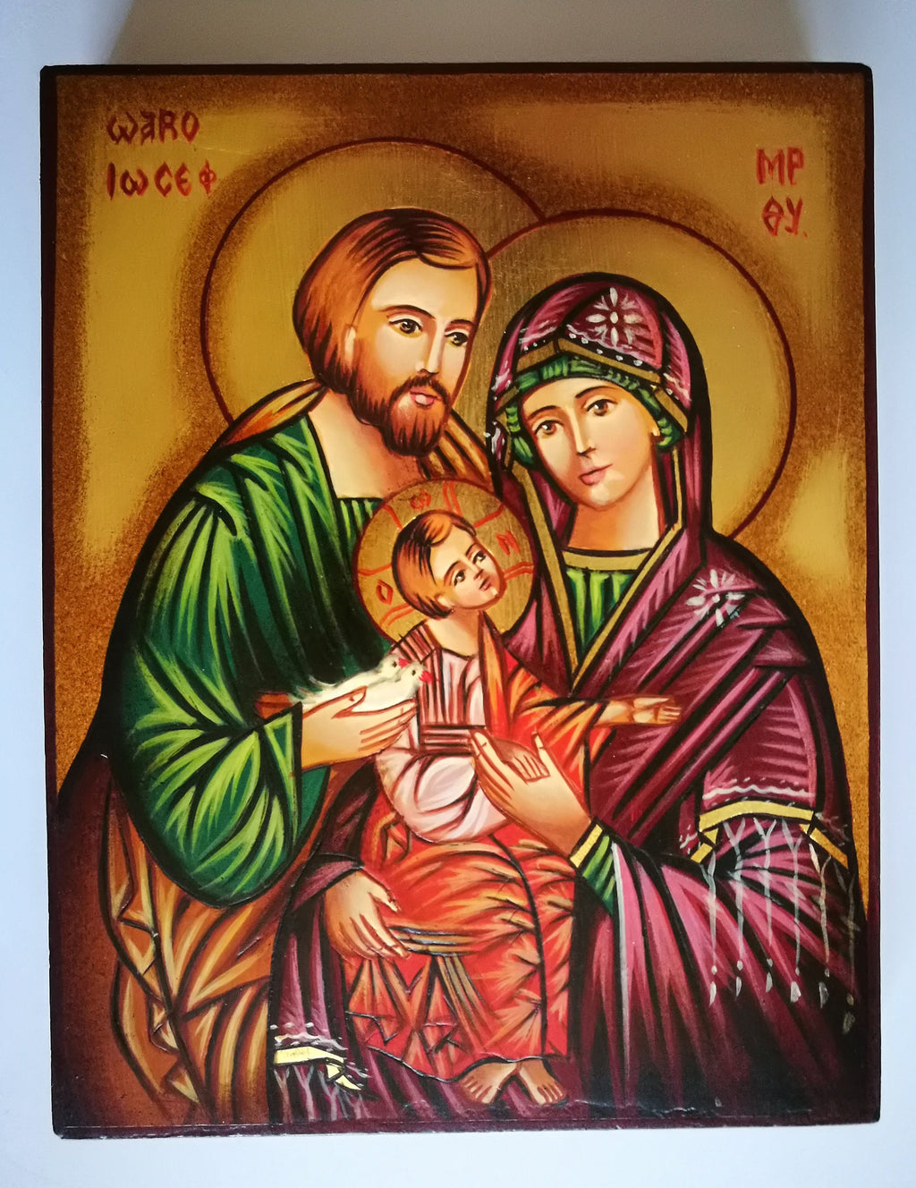 Icona Sacra Famiglia con Colombe 14x18 cm – Dipinta a Mano su Legno