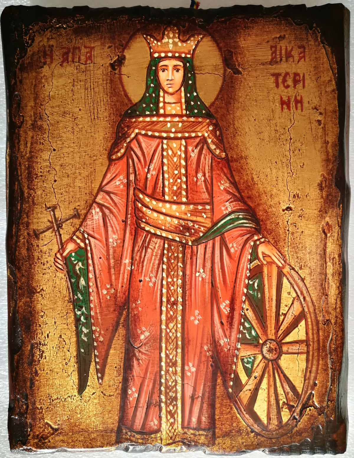 Icona Sacra Santa Caterina d'Alessandria 14x18 cm – Legno Anticato