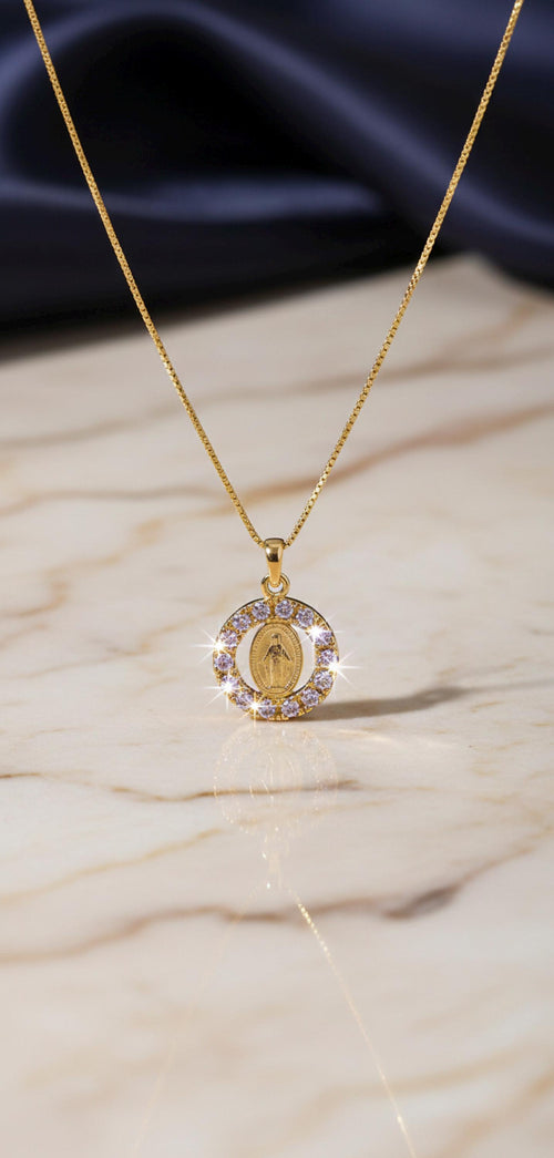 Miraculous Medal necklace with cubic zirconia and gold-plated 925 sterling silver chain – 50 cm