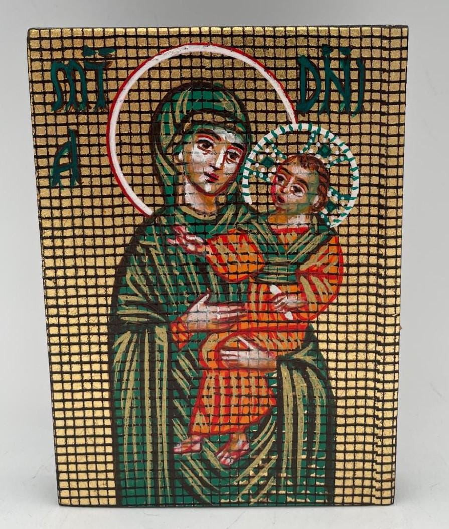 Icona Madonna con Bambino (Theotokos) 10x14 cm – Fondo Dorato a Griglia