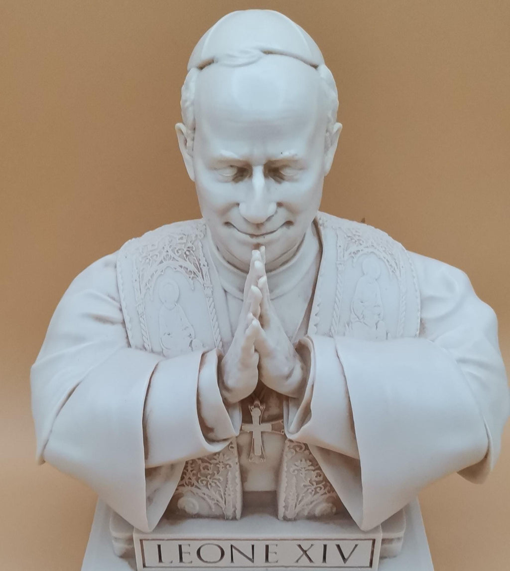 Busto Papa Leone XIV in Preghiera 22 cm – Statua Religiosa in Resina Avorio