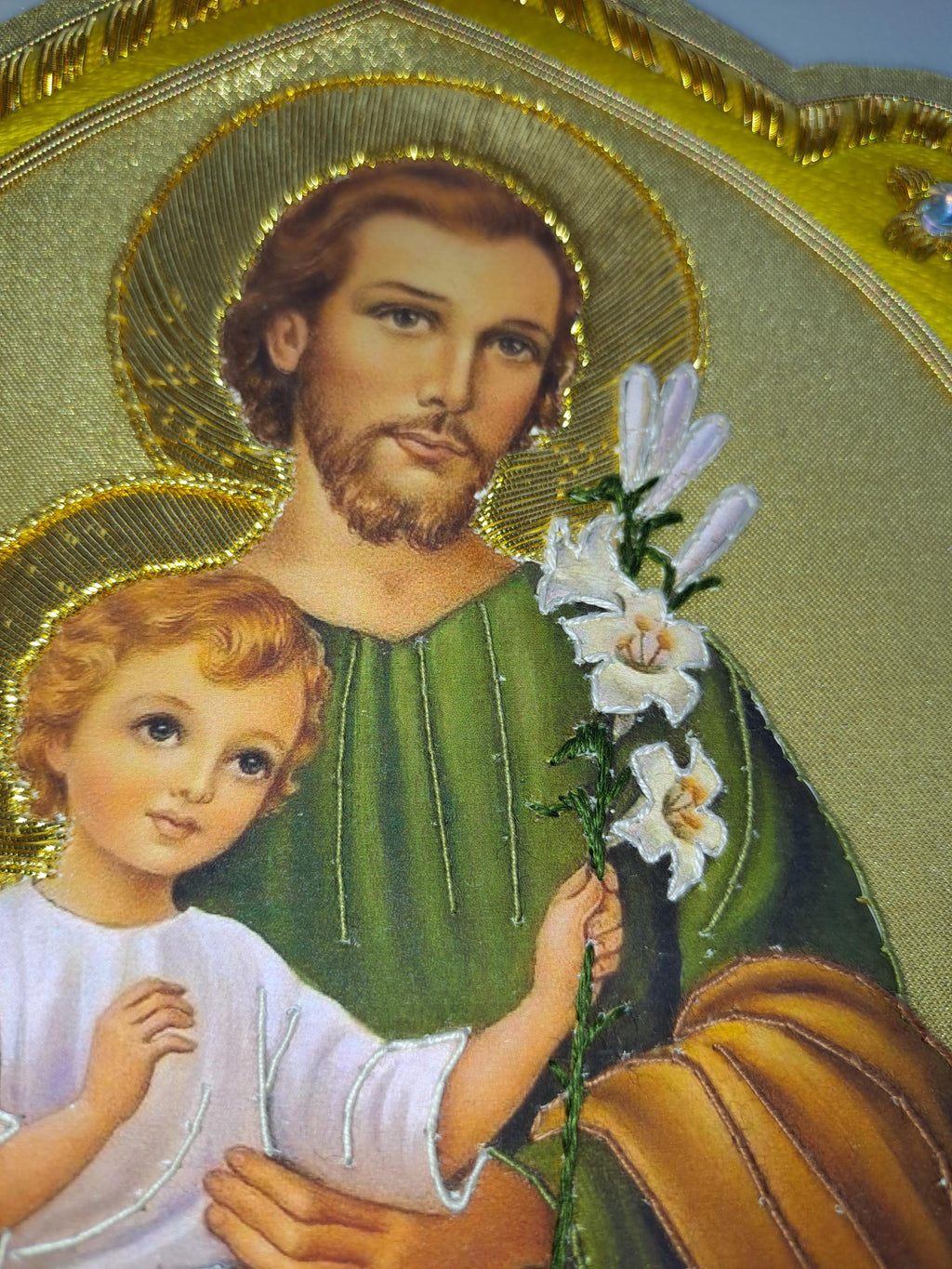 Icona San Giuseppe e Gesù Bambino e il giglio ricamata a mano con filo oro