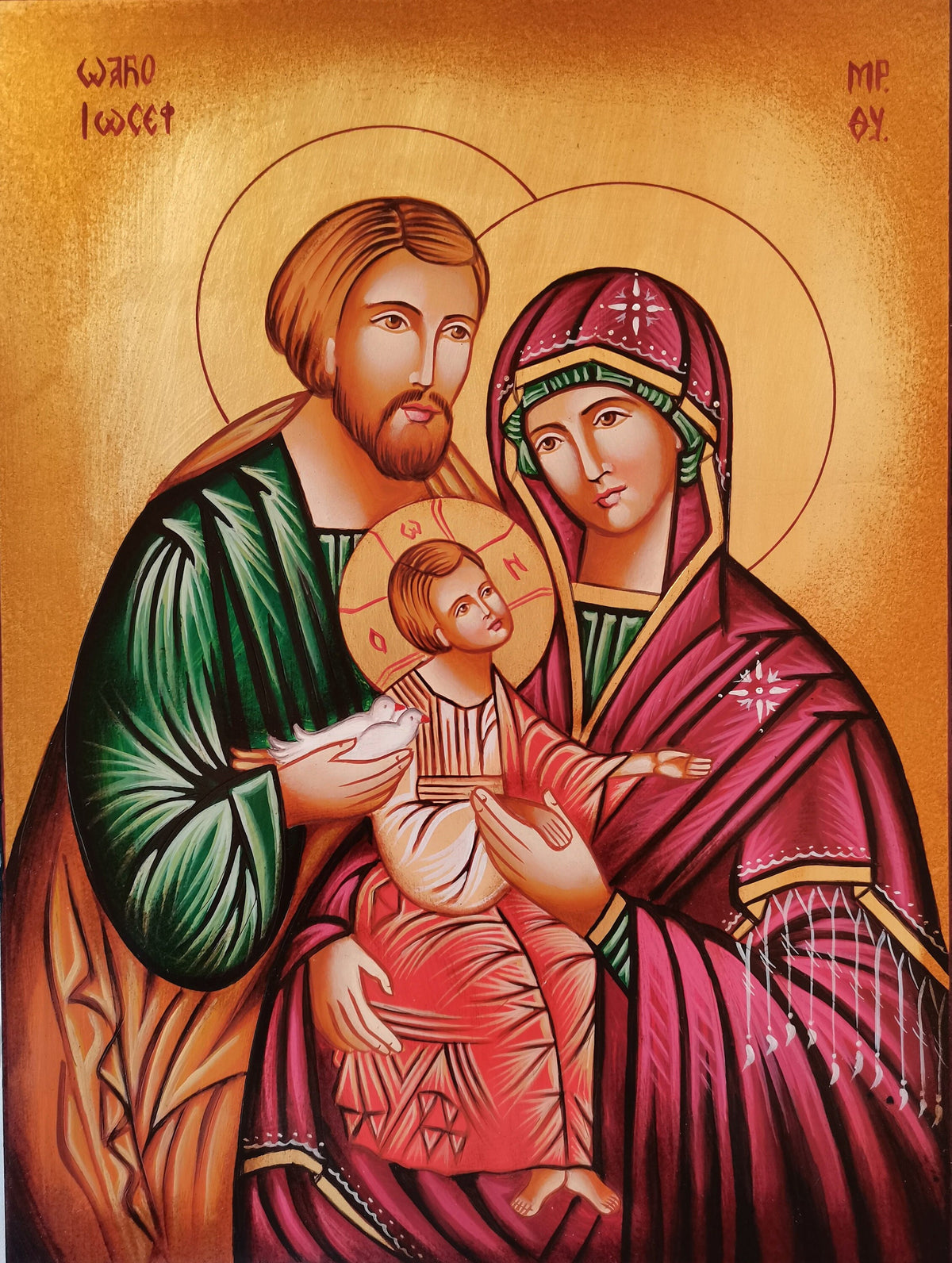 Icona Sacra Famiglia con Colombe 30x40 cm – Dipinta a Mano su Legno