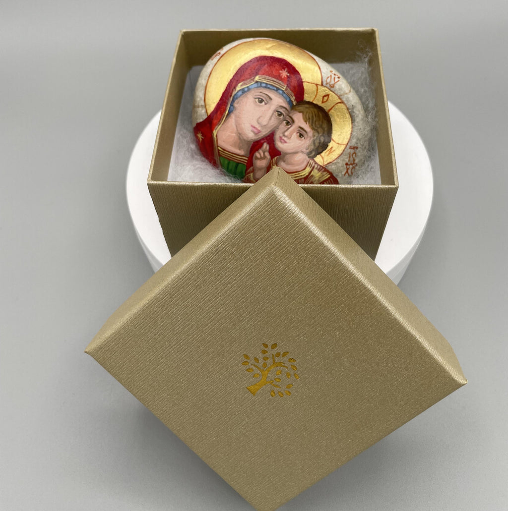 Icon of Madonna and Child on Natural Stone – Byzantine Style, Hand-Painted