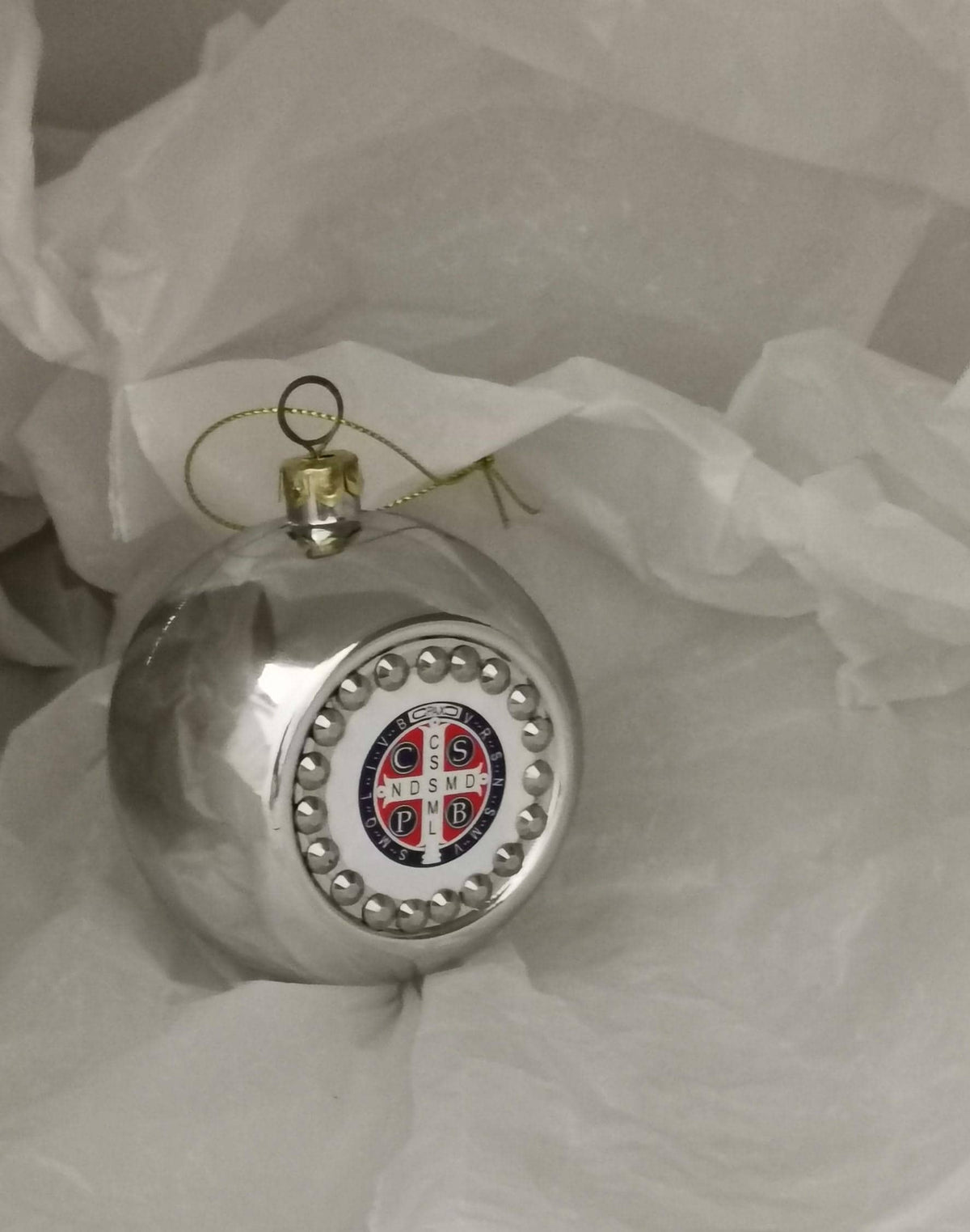Pallina di Natale Argento con Medaglia di San Benedetto