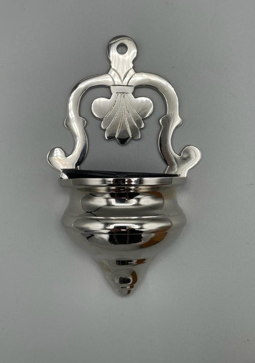Acquasantiera liturgica in metallo placcato nickel – H 17 cm
