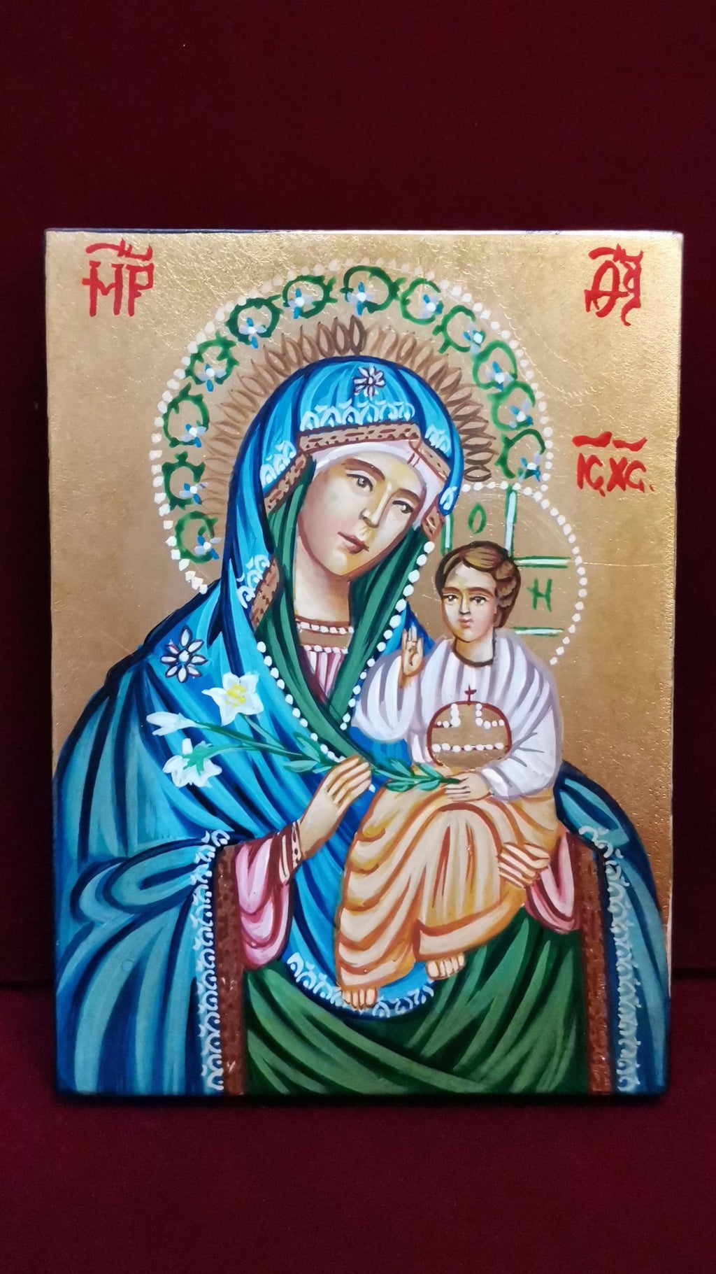 Madonna del Giglio con Gesù Bambino – Icona Sacra Dipinta a Mano