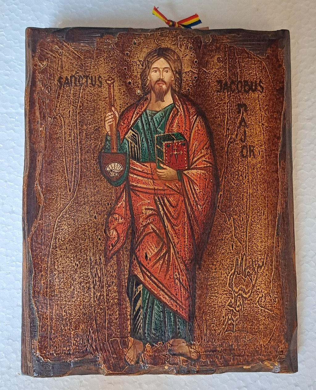 Icona sacra San Giacomo dipinta a mano su legno anticato – 14 x 18 cm