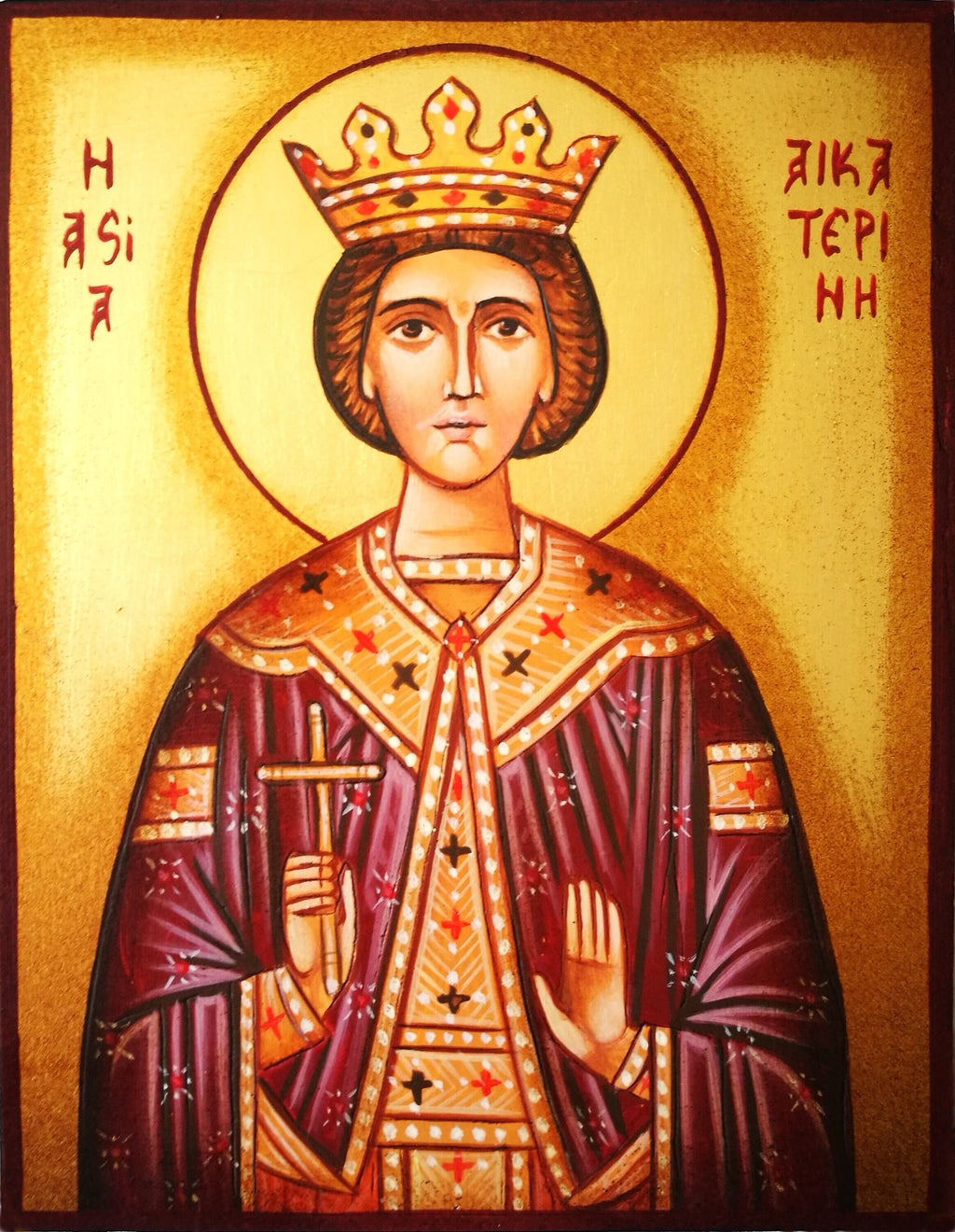Icona sacra Santa Caterina d'Alessandria dipinta a mano su legno anticato – 14 x 18 cm