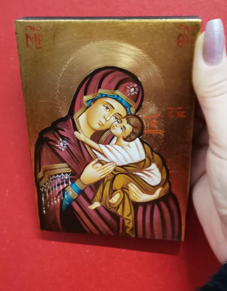 Icona Sacra Madonna dell'Abbraccio 10x14 cm – Dipinta a Mano su Legno