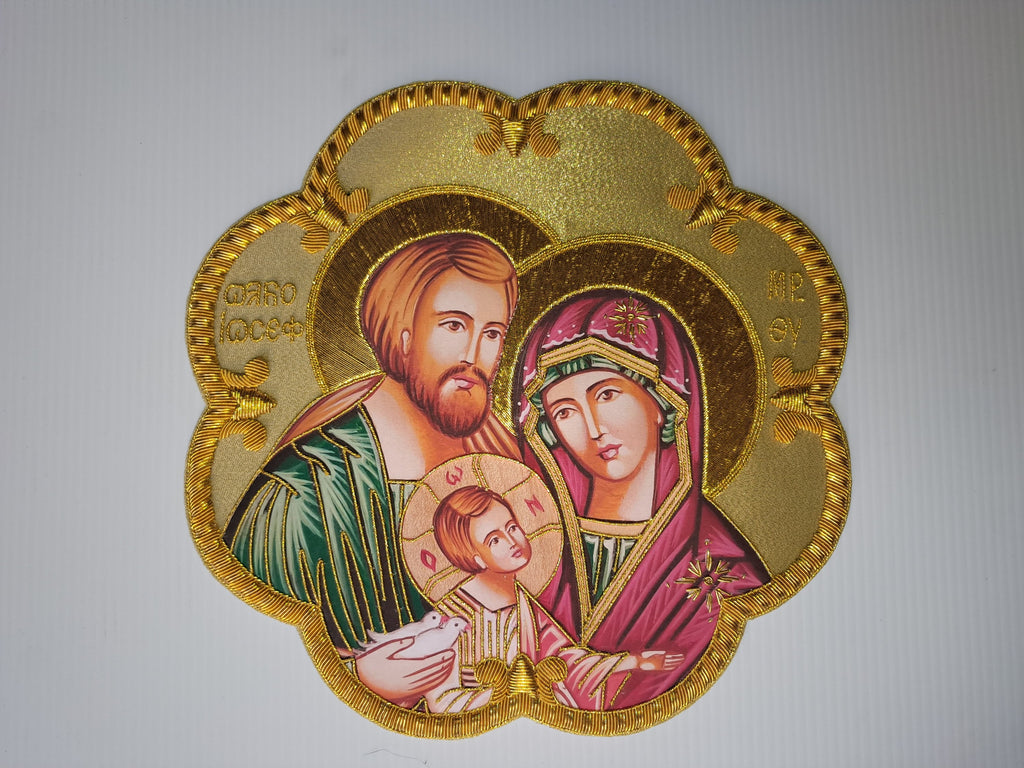 Icona Sacra Famiglia ricamata a mano con filo oro – 22 x 22 cm