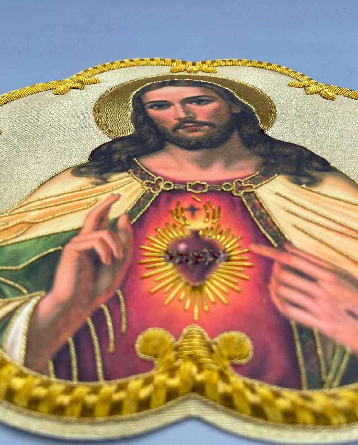 Icona Sacro Cuore di Gesù Ricamata a Mano in Filo Oro 21x21 cm
