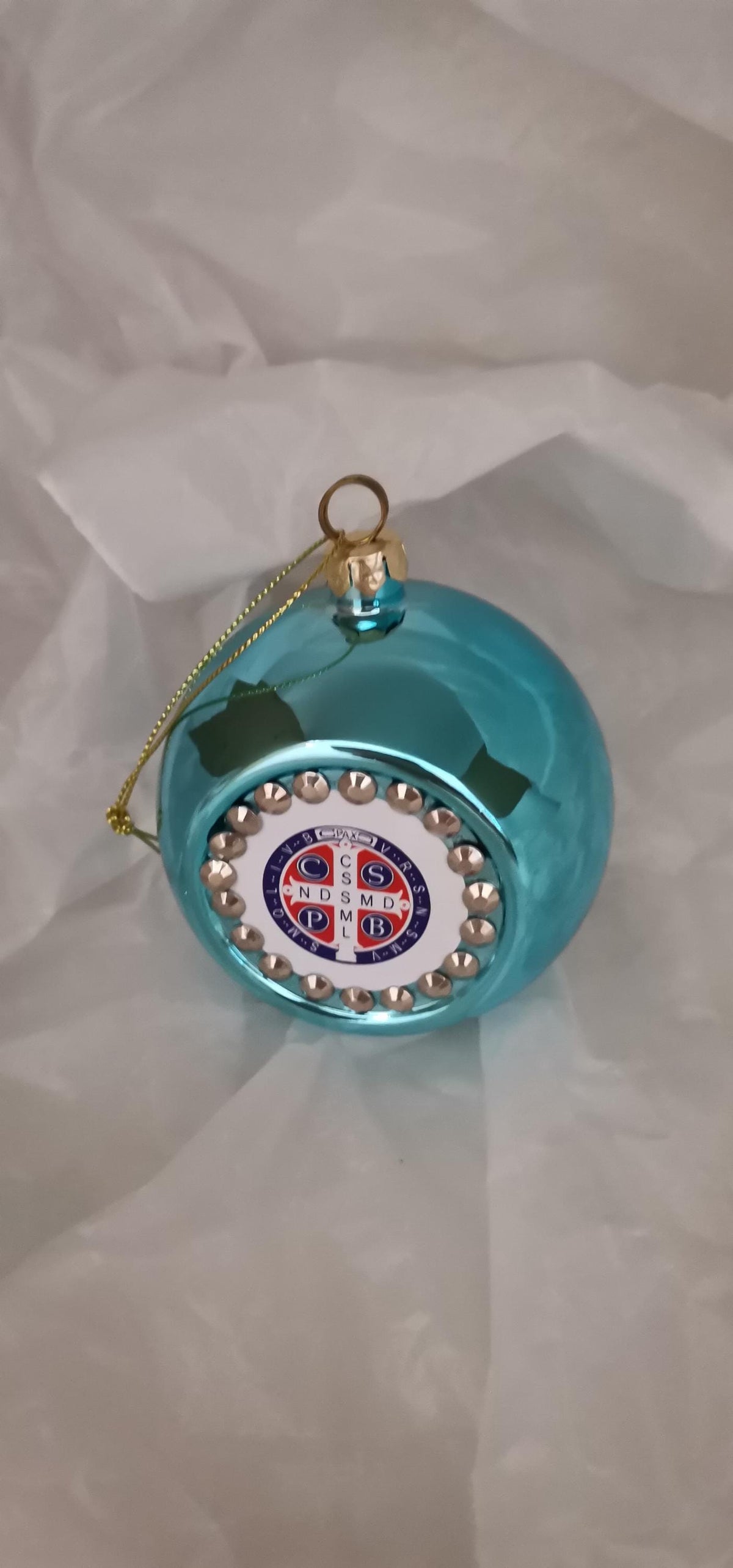 Pallina di Natale Blu Tiffany con Medaglia di San Benedetto