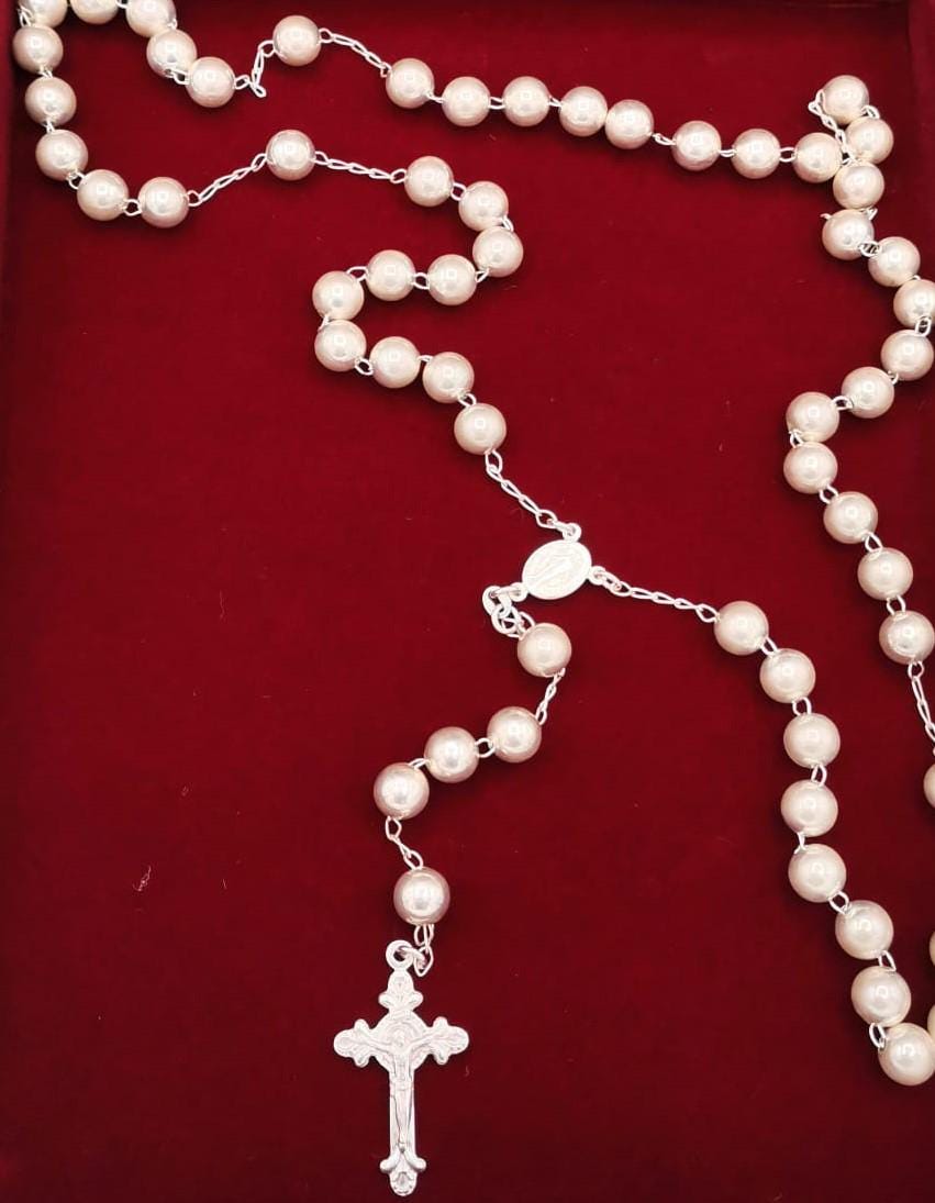 Rosario con Perle Bianche e Catena in Argento 925