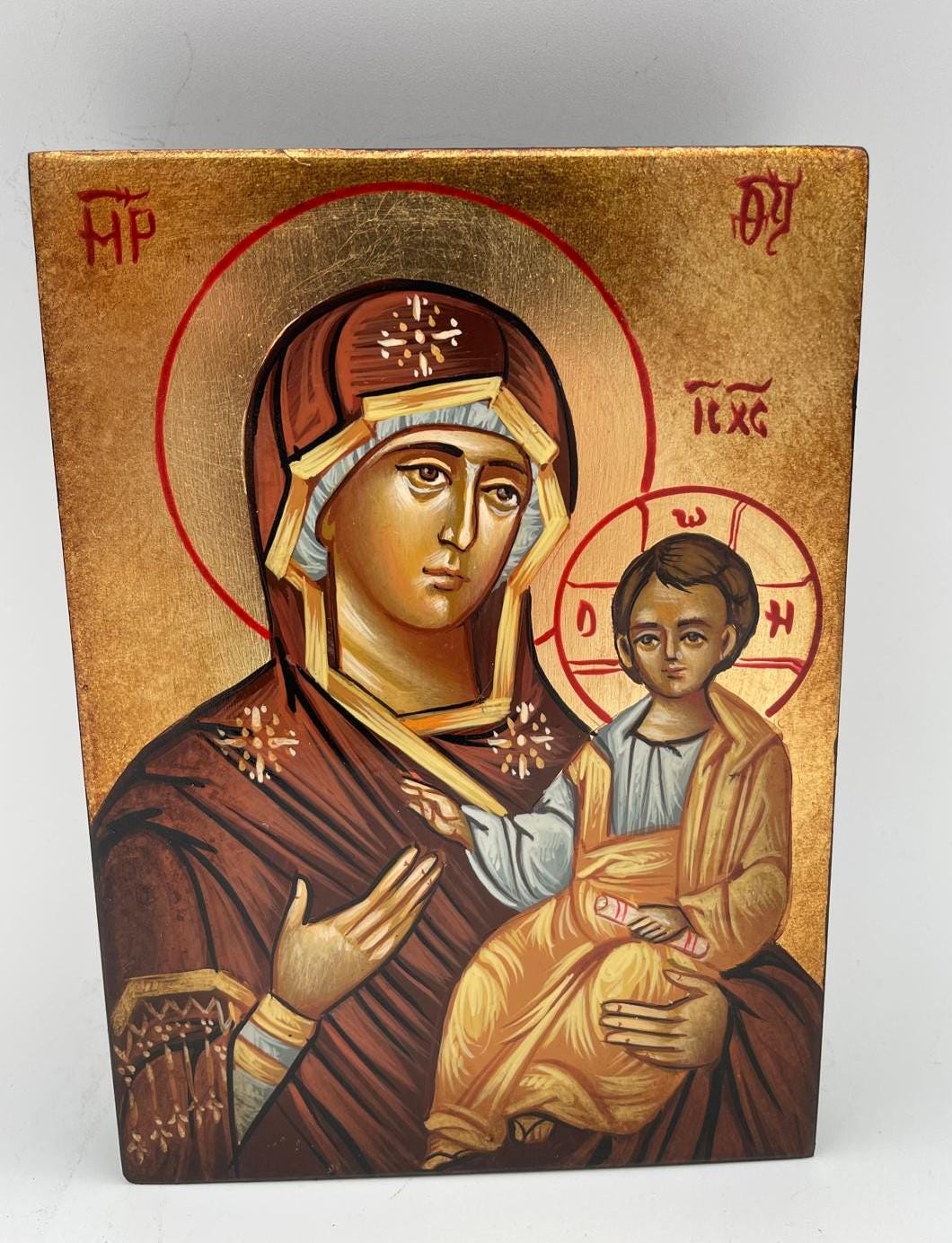 Icona Madonna con Bambino e Pergamena 10x14 cm – Stile Bizantino