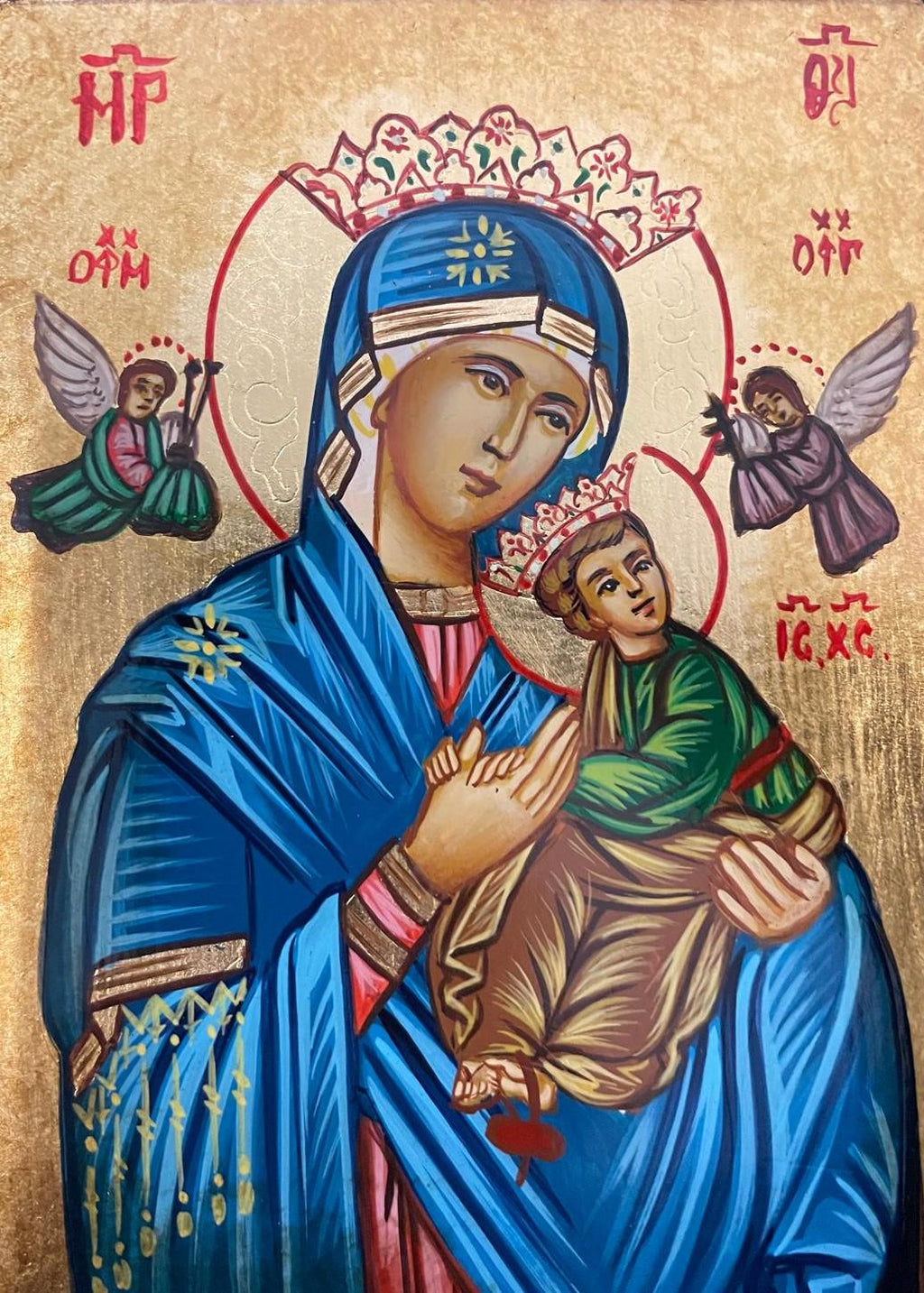 Icona Sacra Madonna del Soccorso con Corona 10x14 cm – Dipinta a Mano