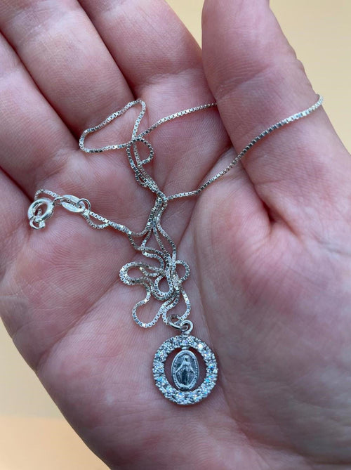 Miraculous Medal necklace with cubic zirconia and 925 sterling silver chain – 50 cm
