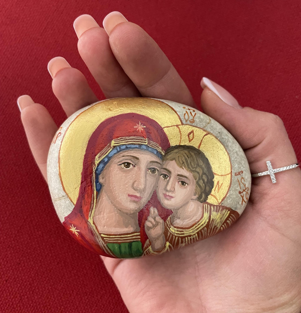 Icon of Madonna and Child on Natural Stone – Byzantine Style, Hand-Painted