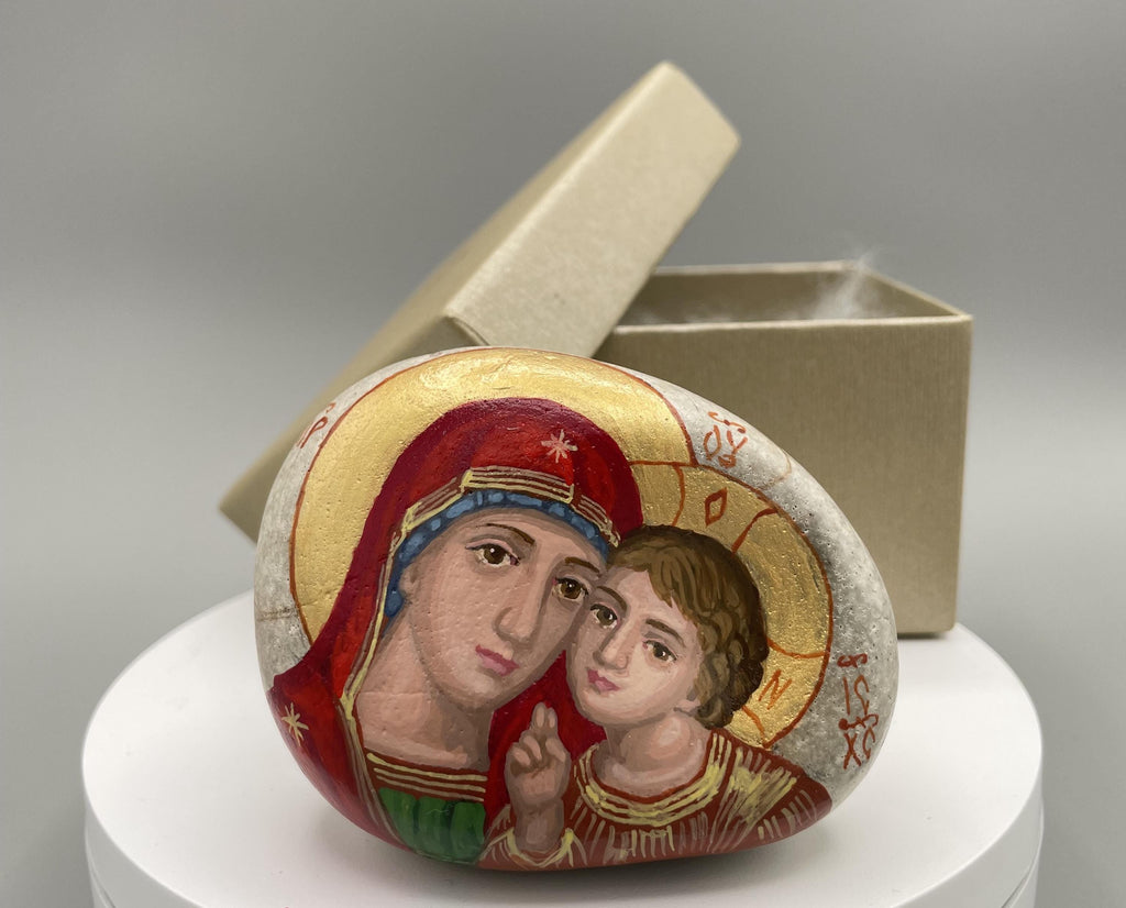 Icon of Madonna and Child on Natural Stone – Byzantine Style, Hand-Painted