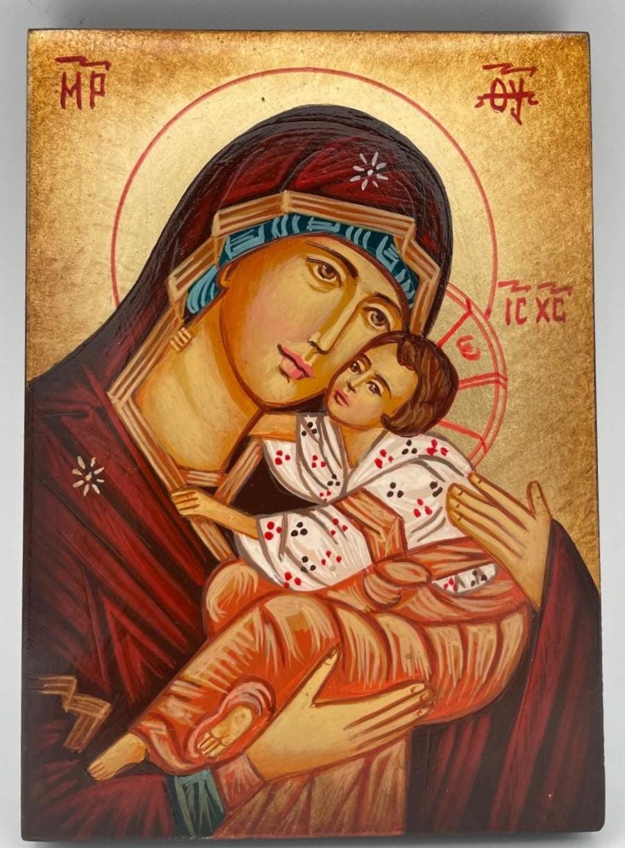 Ikone Madonna mit Kind 10x14 cm – handgemalt, goldener Hintergrund