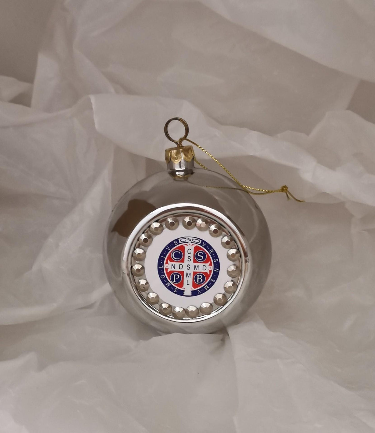 Pallina di Natale Argento con Medaglia di San Benedetto