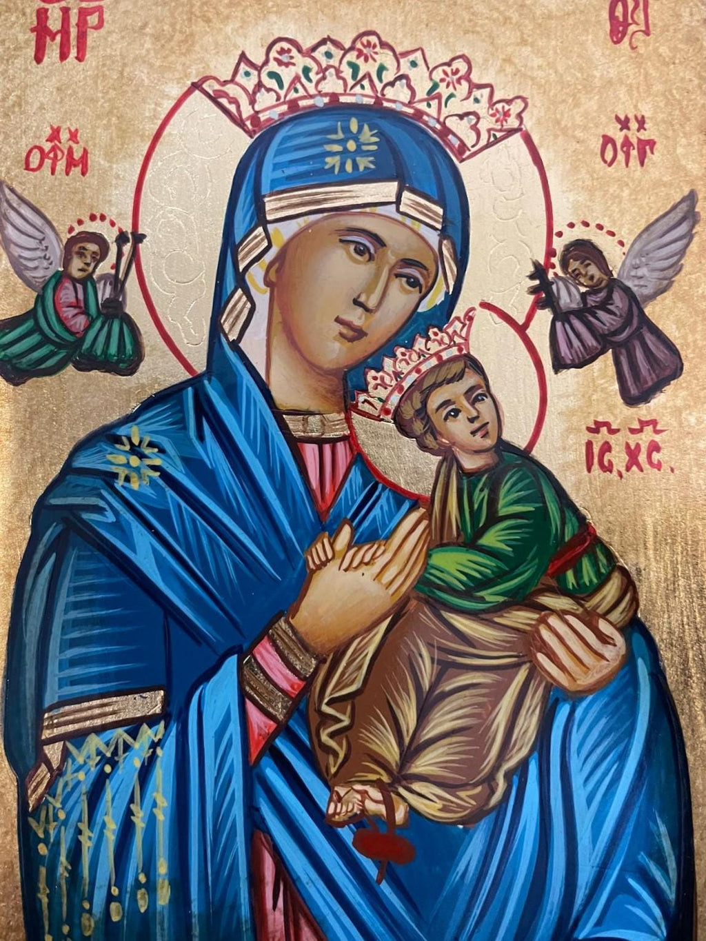 Icona Sacra Madonna del Soccorso con Corona 10x14 cm – Dipinta a Mano