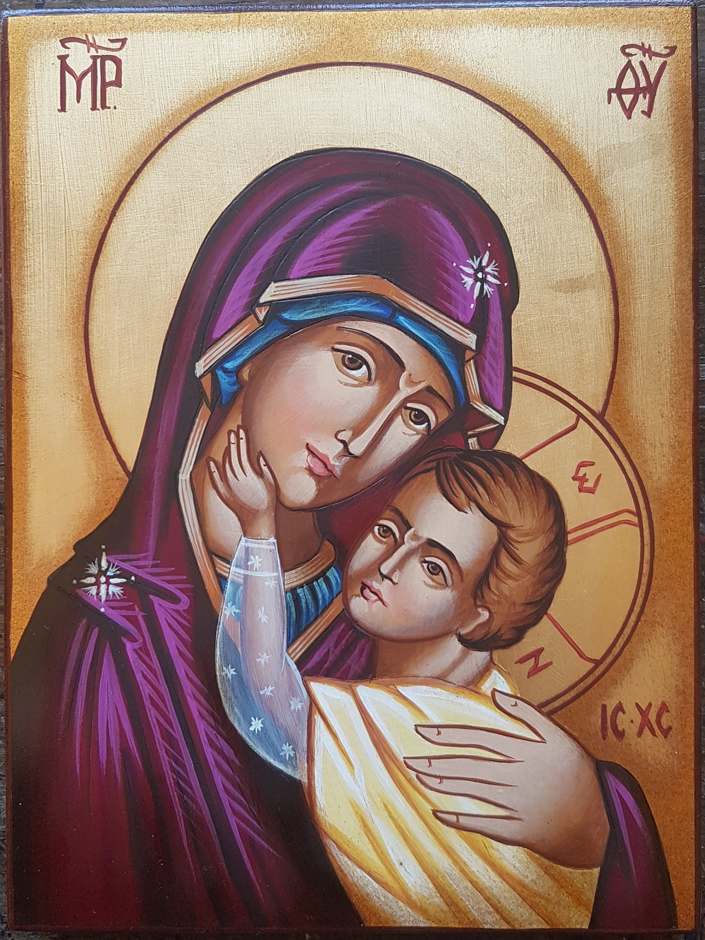 Icona sacra Madonna della Carezza dipinta a mano su legno – 10 x 14 cm