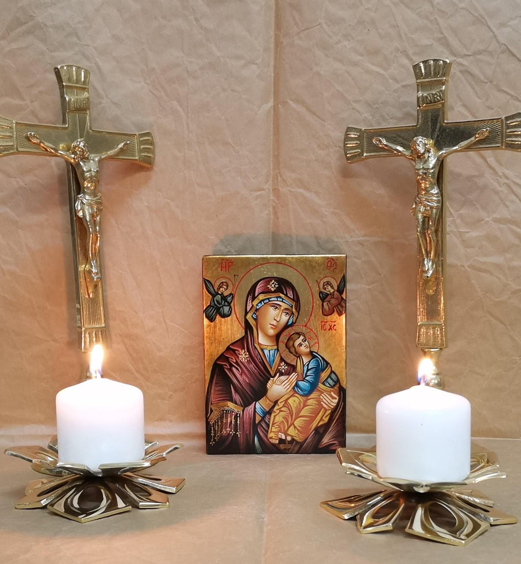 Icona Sacra Madonna con Bambino 10x14 cm – Dipinta a Mano, Foglia Oro