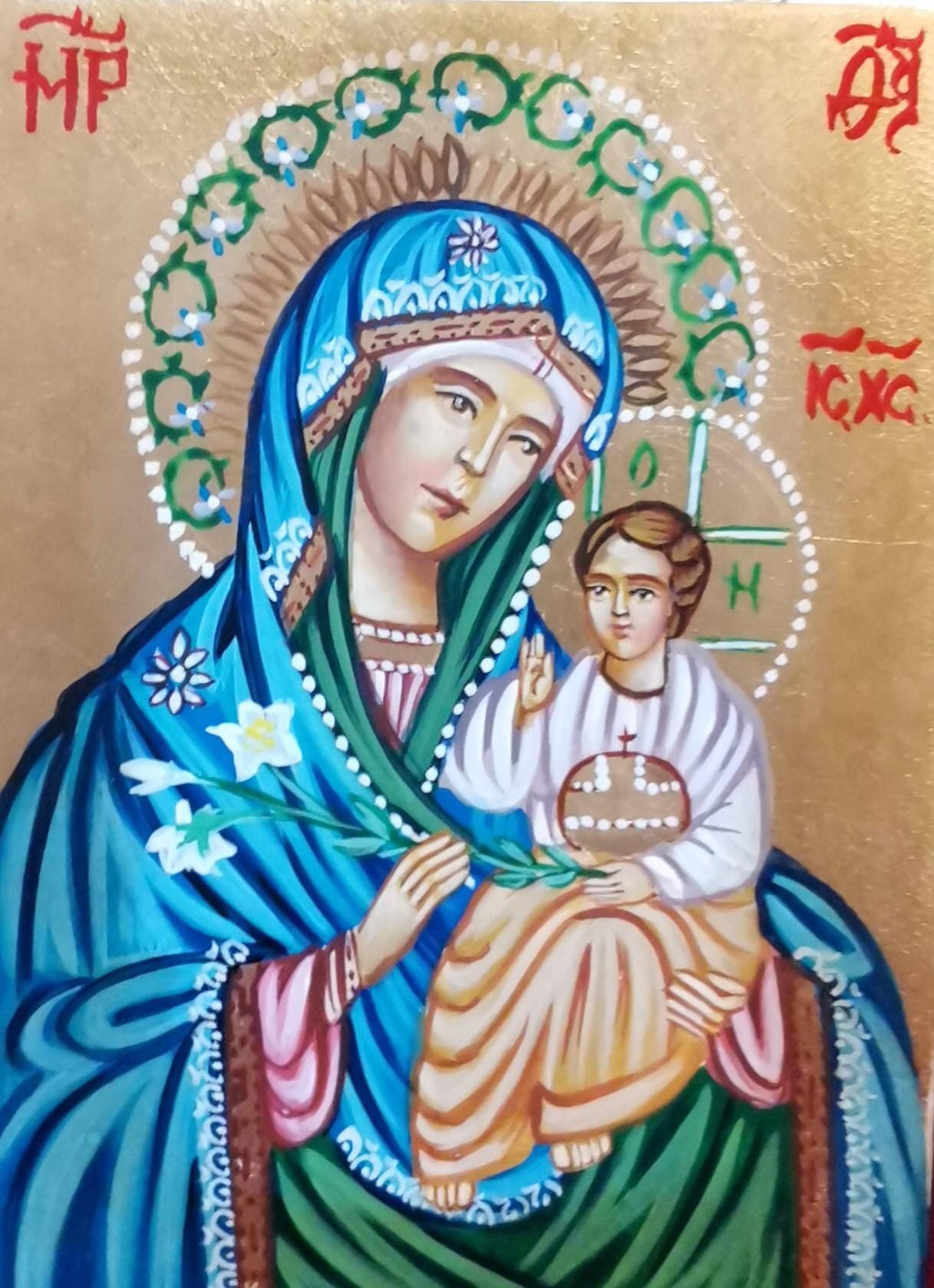 Madonna del Giglio con Gesù Bambino – Icona Sacra Dipinta a Mano