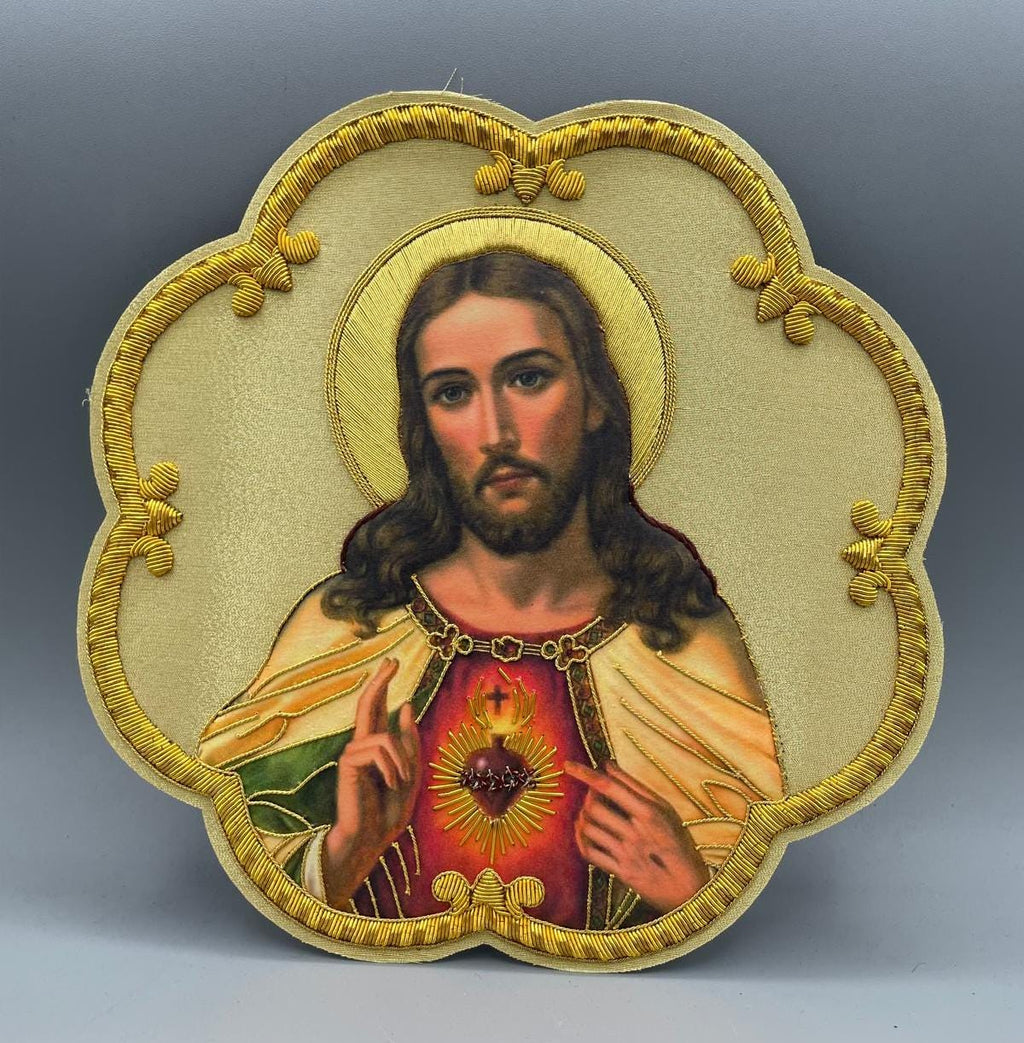 Icona Sacro Cuore di Gesù Ricamata a Mano in Filo Oro 21x21 cm