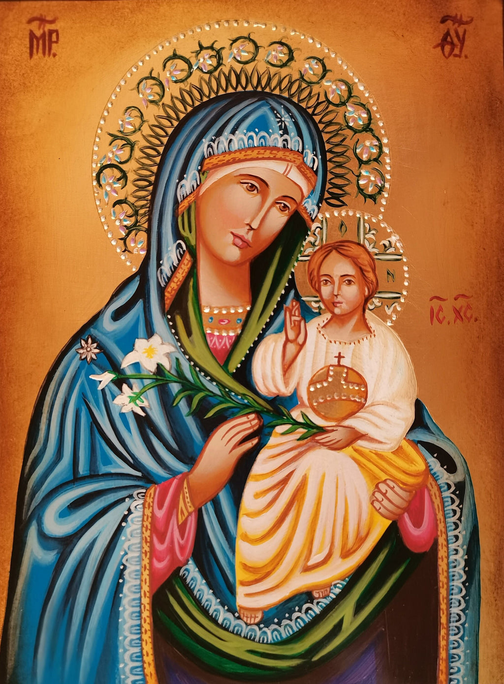 Icona Sacra Madonna del Giglio con Bambino Gesù 14x18 cm – Dipinta a Mano