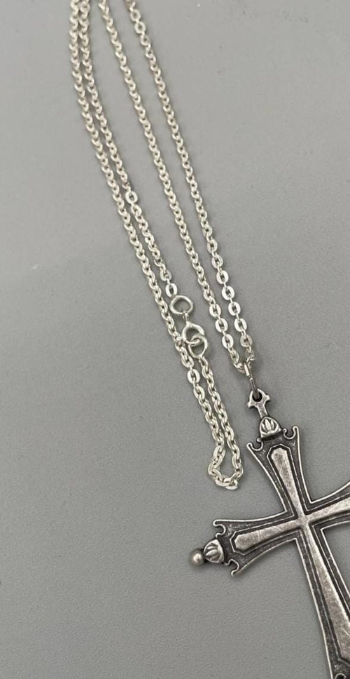 Unisex silver chain 46 cm with 8 x 6 cm antique-finish cross