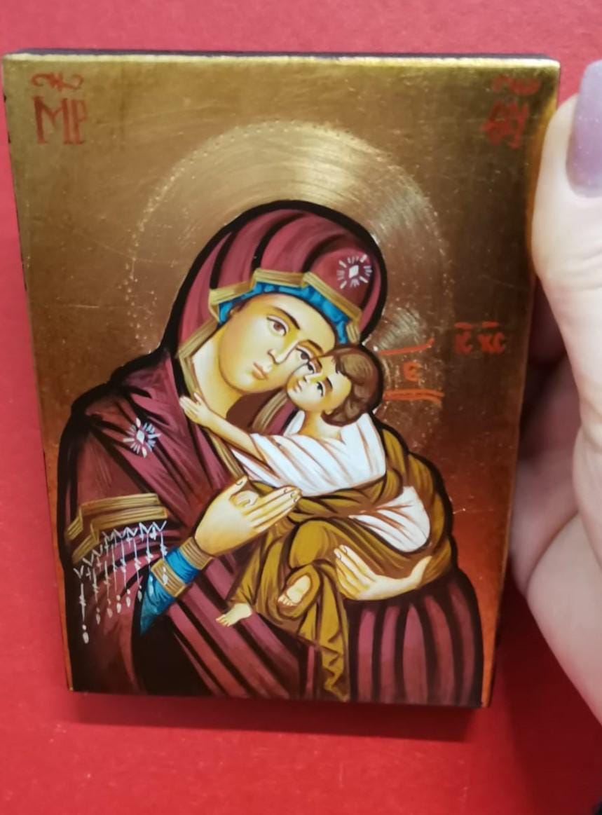 Icona Sacra Madonna dell'Abbraccio 10x14 cm – Dipinta a Mano su Legno