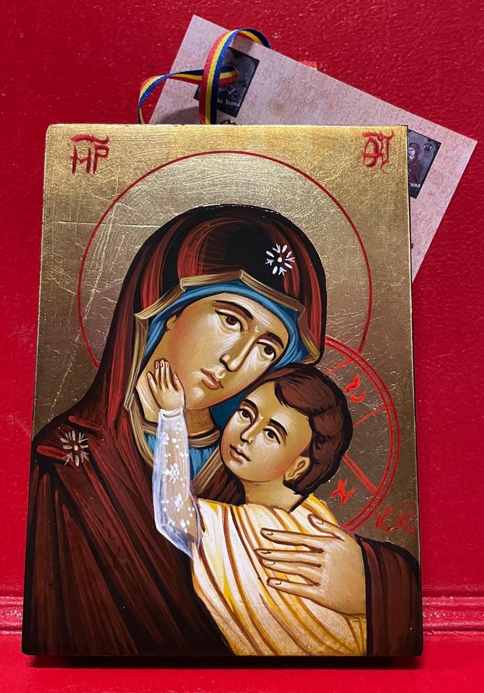Icona sacra Madonna della Carezza dipinta a mano su legno – 10 x 14 cm
