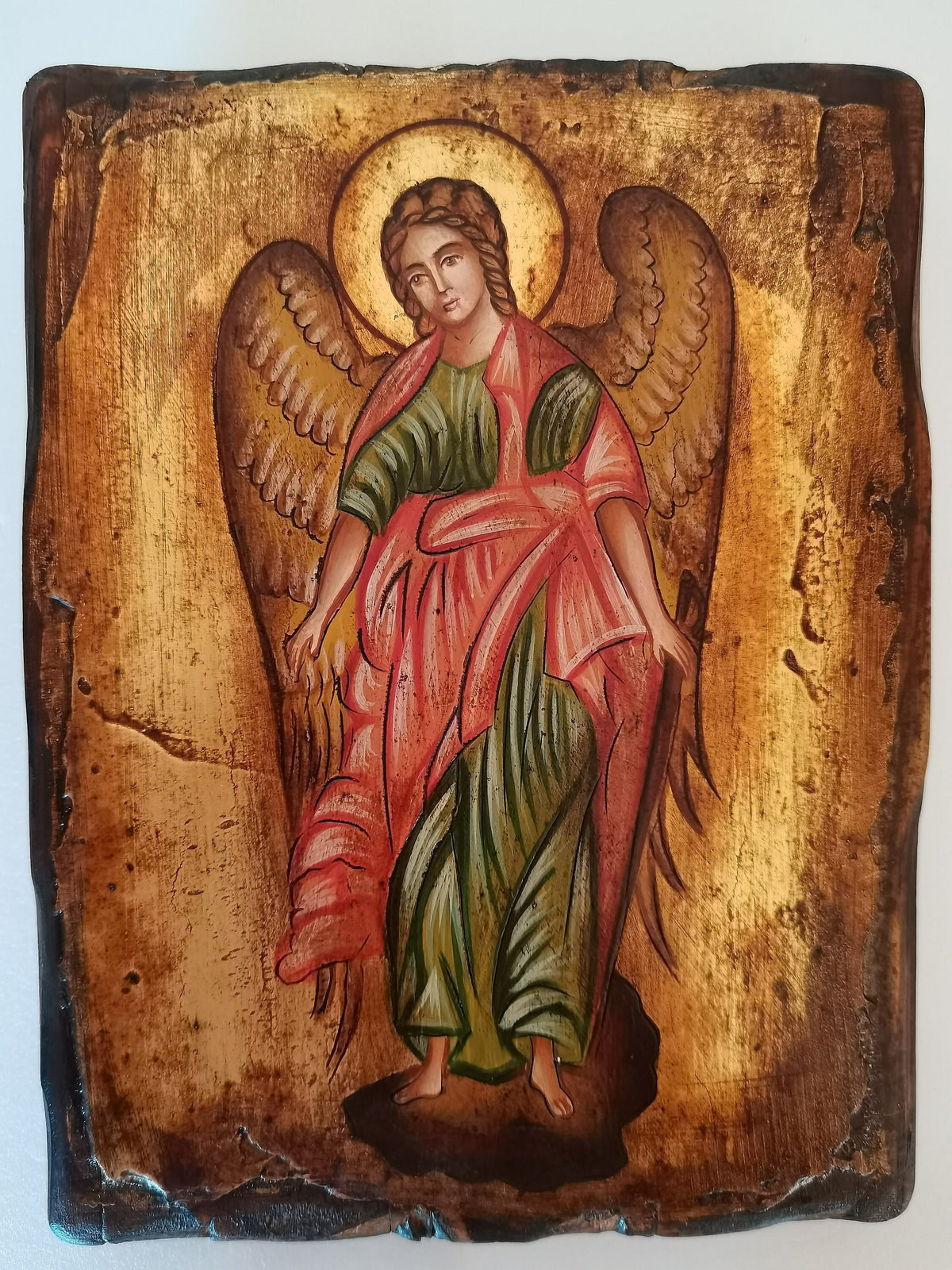 Icona sacra San Michele Arcangelo dipinta a mano su legno anticato – 14 x 18 cm