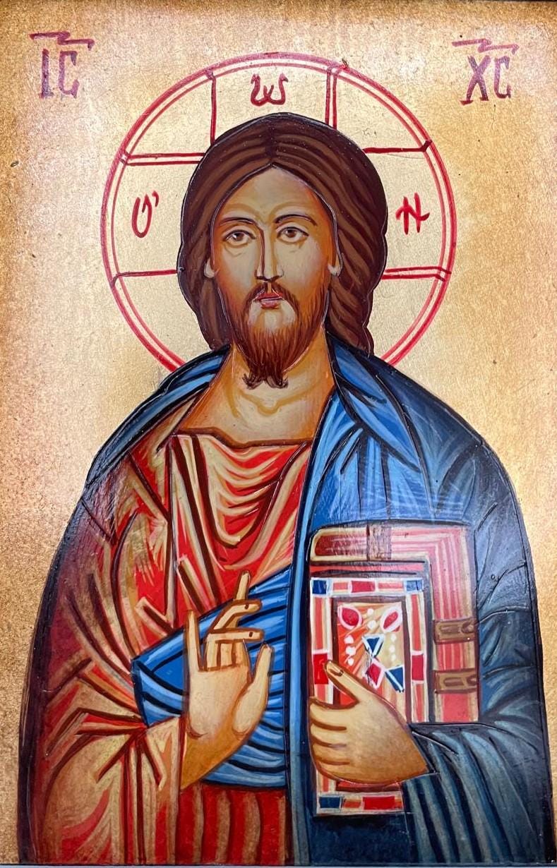 Heiligenikone Jesus Pantokrator mit Buch 10x14 cm – Handgemalt