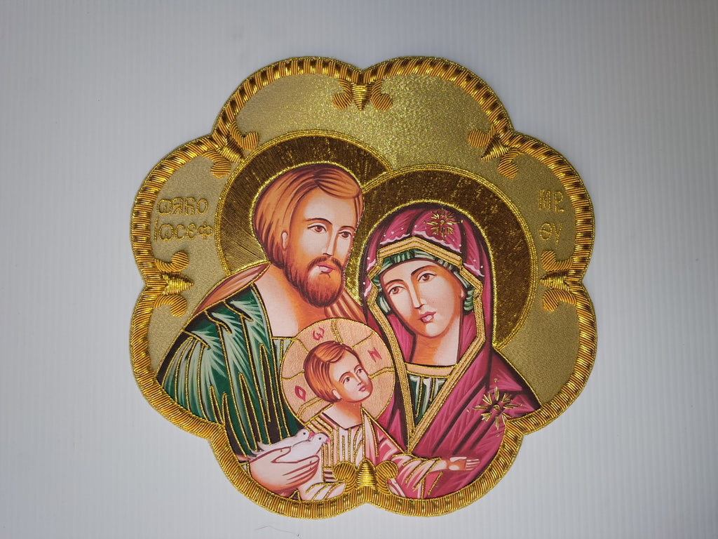 Icona Sacra Famiglia ricamata a mano con filo oro – 22 x 22 cm
