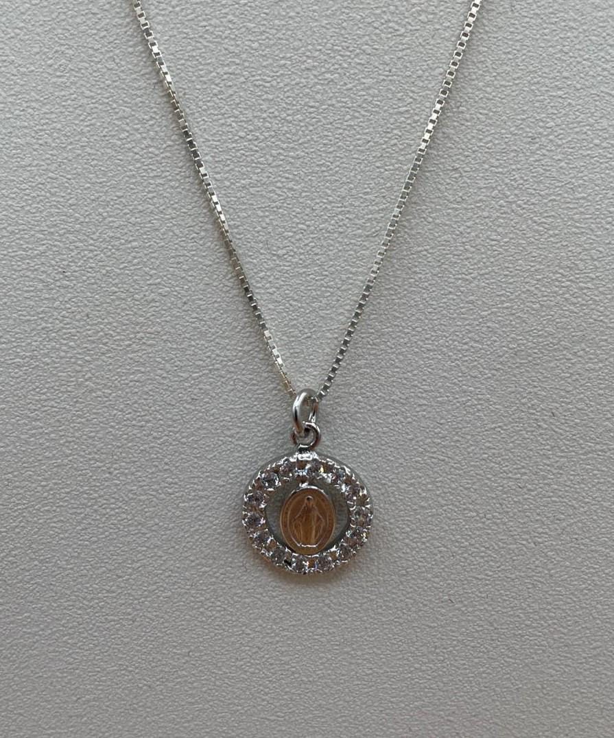 Collana Medaglia Miracolosa con zirconi e catenina in argento 925 – 50 cm