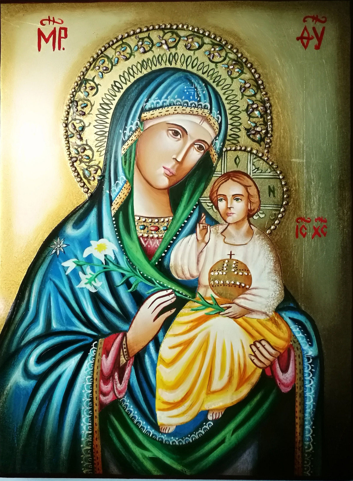 Icona Sacra Madonna con Bambino e Giglio 18x24 cm – Arte Bizantina
