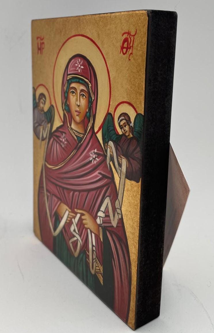 Icona Sacra Madonna che scioglie i nodi dipinta a mano su tavola di legno